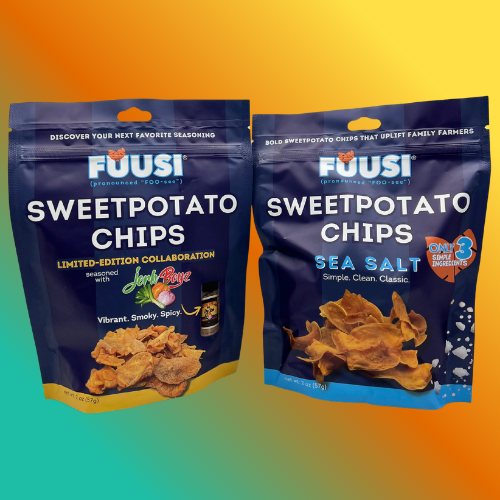 Two packages of Fuusi Sweetpotato Chips on a gradient background
