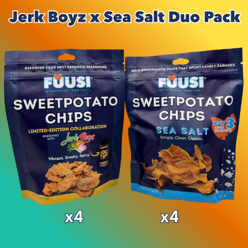Two packages of Fuusi sweet potato chips, one labeled 'Jerk Boyz' and the other 'Sea Salt', on a gradient background.