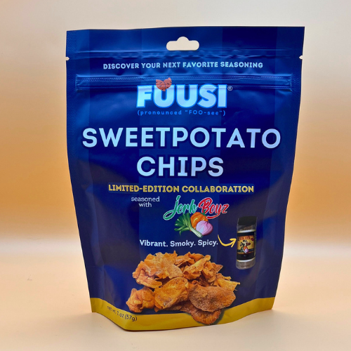 Packaging of Fuusi Sweetpotato Chips with a limited edition collaboration label on a gradient background.
