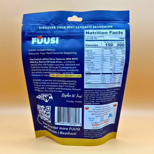 Back view of a FUUSI sweetpotato chip bag with branding and nutrition facts on a beige background